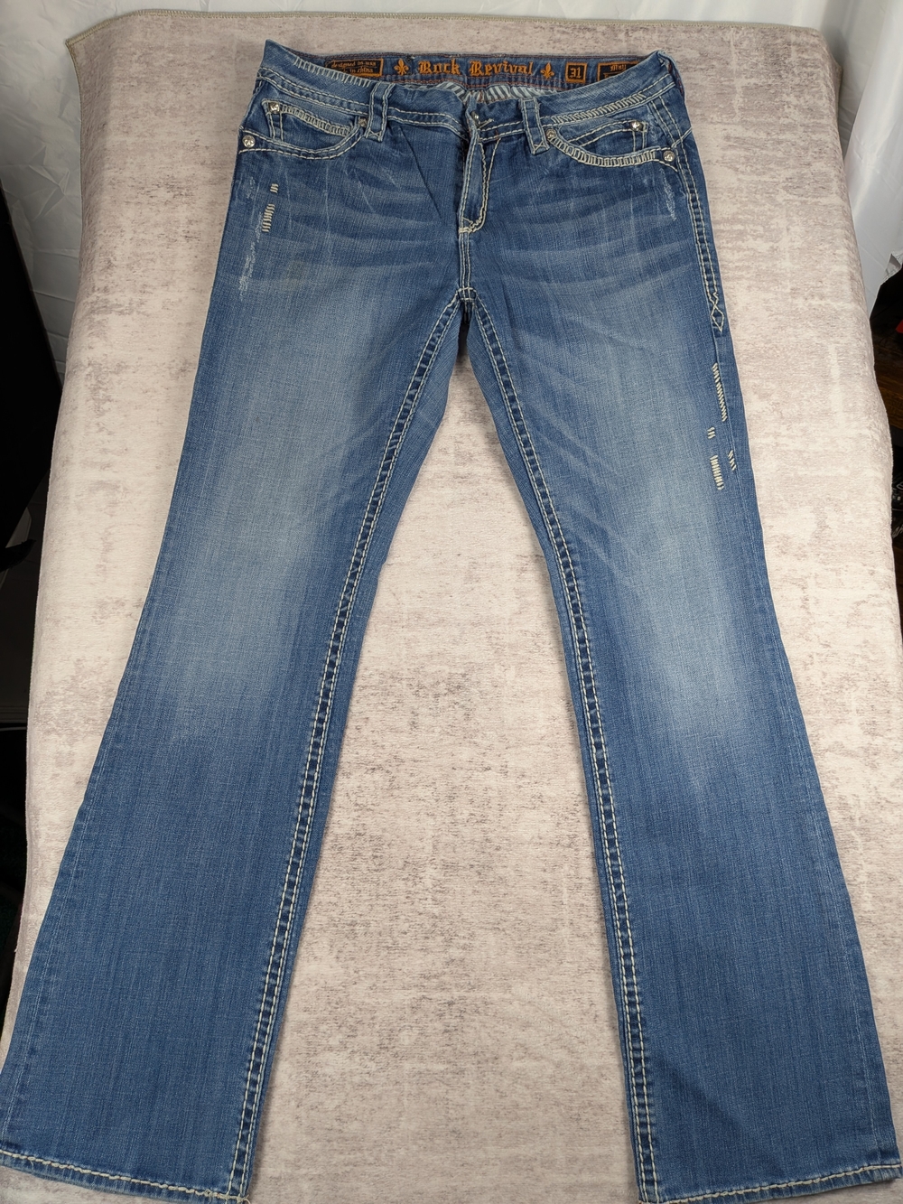 Rock Revival "May" Easy Boot Cut Blue Denim Jeans Women's Size 31 Rhinestone Fla